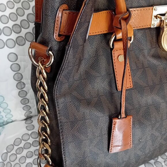 Michael Kors Hamilton Est/West Brown Logo Satchel Purse Bag - Picture 13 of 16